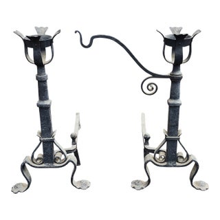 Pair Early Antique French Wrought Iron Basket Top Andirons / Firedogs With Crane Pot Bar 28" For Sale