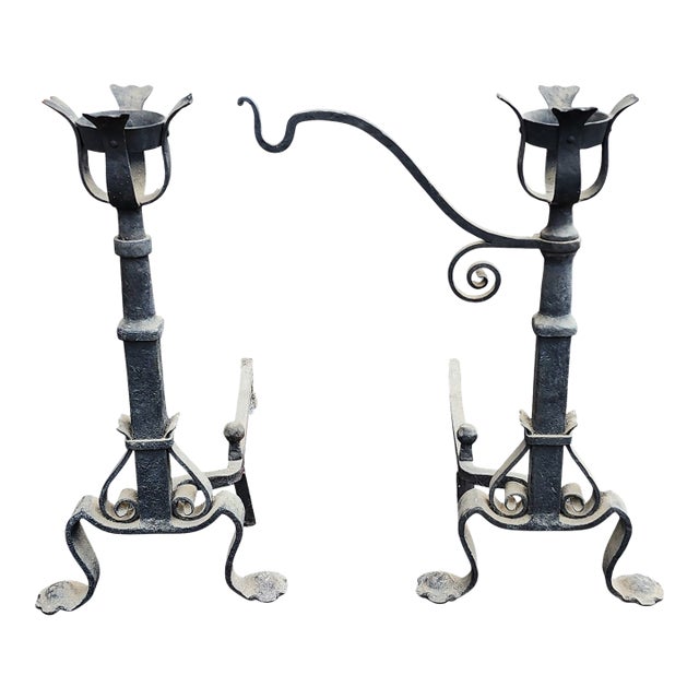 Pair Early Antique French Wrought Iron Basket Top Andirons / Firedogs With Crane Pot Bar 28" For Sale