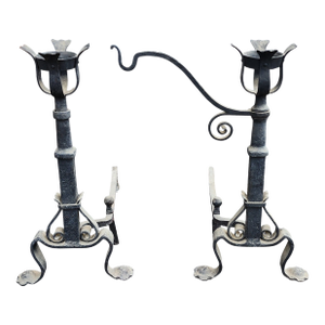 Pair Early Antique French Wrought Iron Basket Top Andirons / Firedogs With Crane Pot Bar 28"