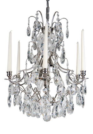 Baroque Style Chandelier with Candleholders in Nickel Plated Brass and Crystals by Krebs Stockholm, 2020