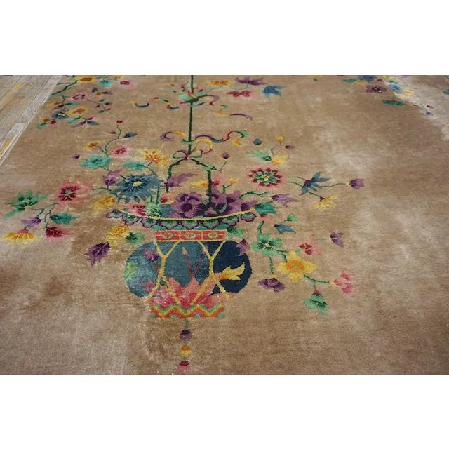 Textile 1920s Tan Sand Vase Floral Antique Chinese Art Deco Carpet 8'9" X 11'4" Knotted Wool Rug For Sale - Image 7 of 15