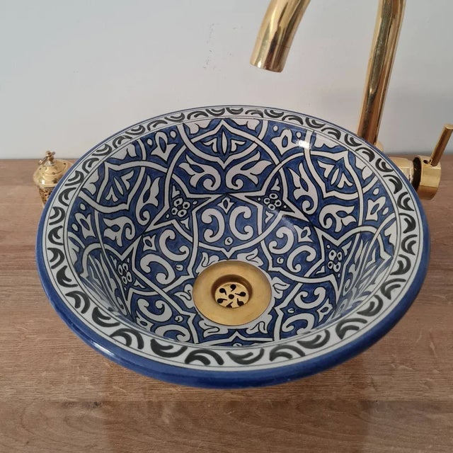 Moroccan Contemporary Mostapha Blue White Top Sink Bowl Indian Style Finished and Painted by Hands For Sale - Image 3 of 4