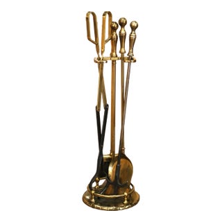 Mid-Century French Brass and Iron Five-Piece Fireplace Tool Set For Sale