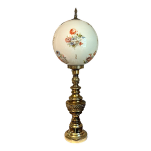 Vintage Victorian Revival Brass Lamp W/Milk Glass Rose Globe Shade