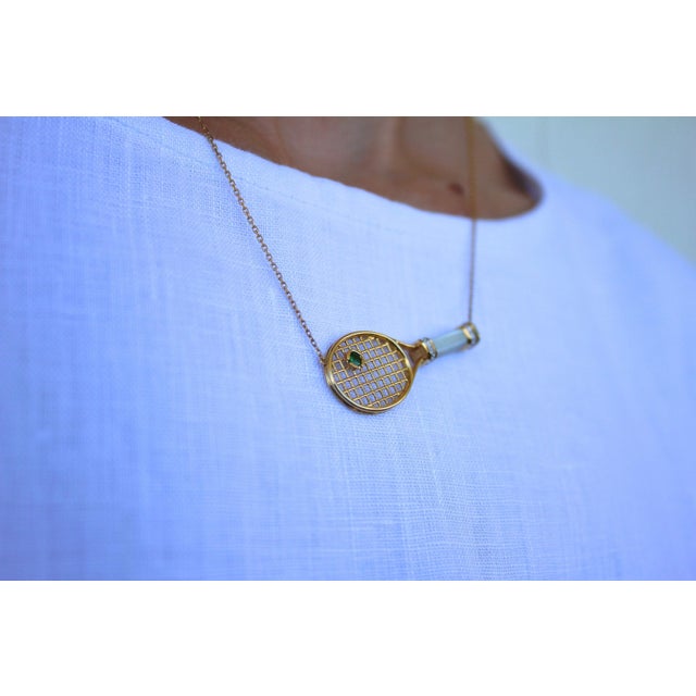 Metal Tennis Racket White Mother of Pearl Handle Green Emerald Tennis Ball Jewelry 18 For Sale - Image 7 of 8