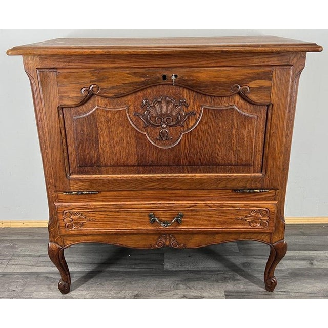 Vintage French Louis XVI Style Carved Oak Cabinet with Drawer For Sale - Image 4 of 15