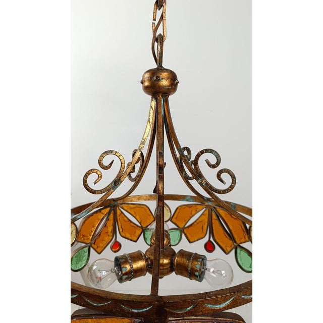 1970s Mid 20th Century Chandelier in Gilt Wrought Iron and Hammered Glass attributed to Longobard, 1970s For Sale - Image 5 of 18