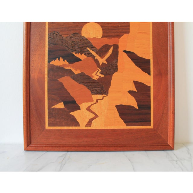 Vintage Handmade Framed Inlay Marquetry Picture - Birds Soaring Over a Landscape For Sale - Image 4 of 7