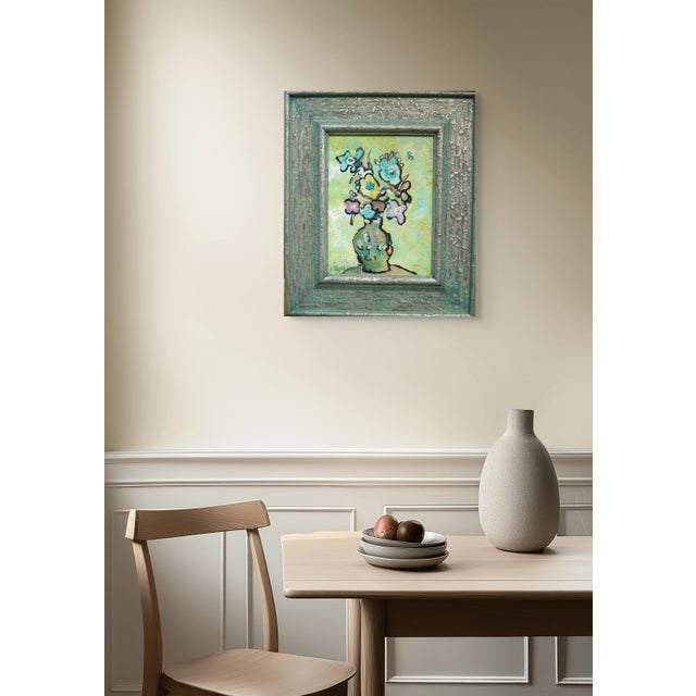 Bright and vibrant oil painting on a wood panel. The painting is of a beautiful bouquet of flowers in a sculptural vase....