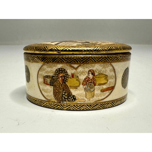 Japanese Antique Meiji Satsuma Box: Japanese Geisha Enamel Decor For Sale - Image 3 of 10