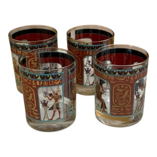 1960s Egyptian Hieroglyphics Double Old Fashioned Glasses by Georges Briard - Set of 4 For Sale