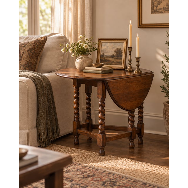 Mid-Century Modern Antique British Oak Barley-Twist Drop-Leaf Gateleg Table For Sale - Image 3 of 5