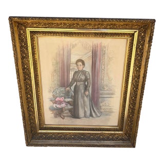 Large 32" Antique Edwardian Gilded Florentine Framed Full-Length Crayon Portrait For Sale