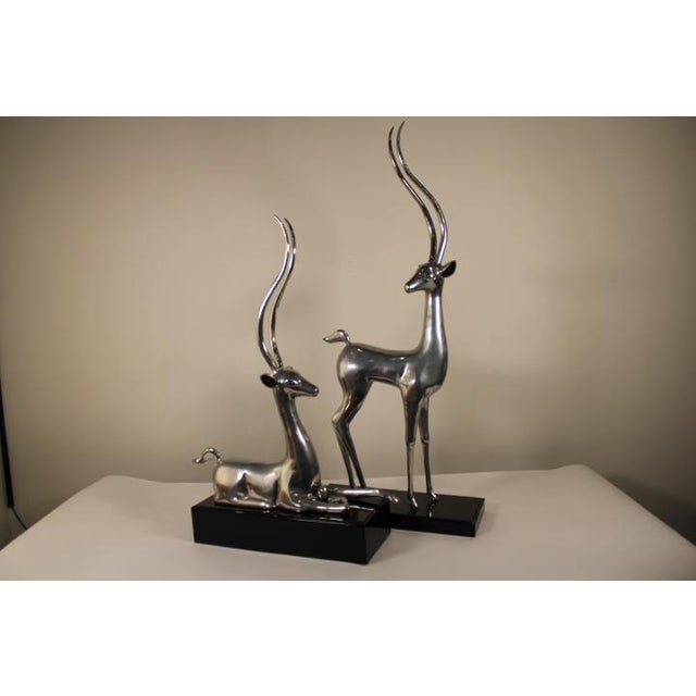 Late 20th Century Silver Plated Deer With Tall Antlers on Glossy Black Bases - Set of 2 For Sale - Image 11 of 13