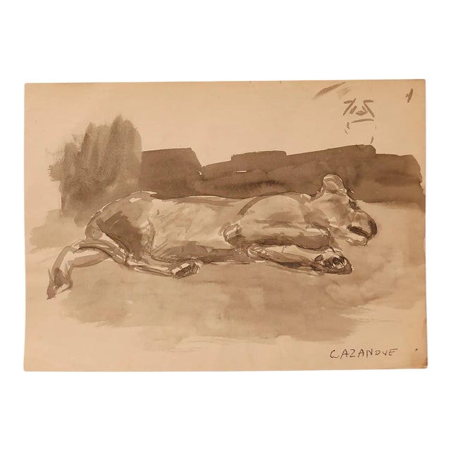Raymond Cazanove, The Dog, Watercolor on Paper, Mid-20th Century For Sale