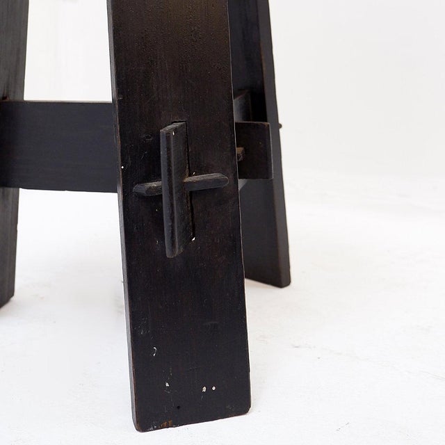 Vintage Black-Stained Wooden Tripod Stool with Tenon Joints For Sale - Image 4 of 13