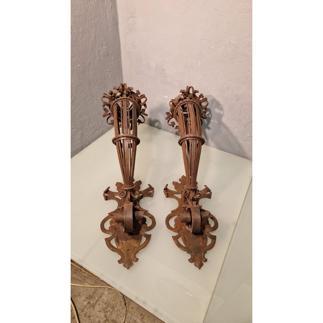 Large Wrought Iron Wall Lamps with Floral Motifs, 1920s, Set of 2, in Very Good conditions. Designed 1920 to 1949 Up to...