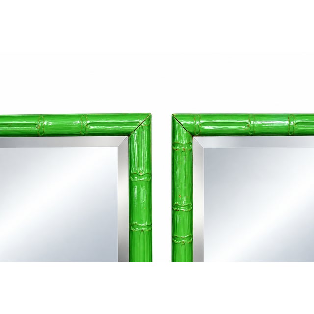 Green Pair of Green Painted Faux Bamboo Beveled Wall Mirrors For Sale - Image 8 of 8