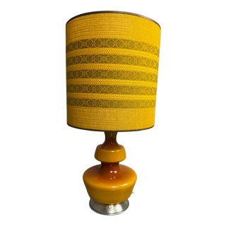 Mid-Century Ochre Yellow Opaline Glass Table Lamp with Textile Shade from De Rupel, Belgium, 1970s For Sale