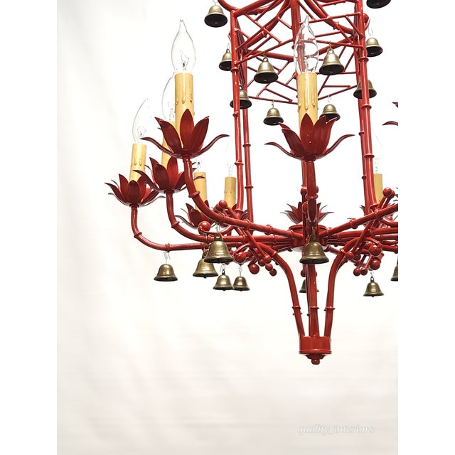 1960s Immense Vintage Italian Tole Faux Bamboo Pagoda Lattice Brass Bell Chandelier ~ Rewired ~ Restored ~ Rejuvenated ~ Ready to Hang ~ For Sale - Image 5 of 12