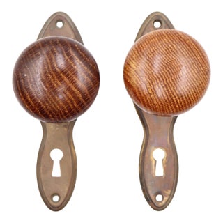 Vintage Wooden Brass Dummy Door Knob Set For Sale