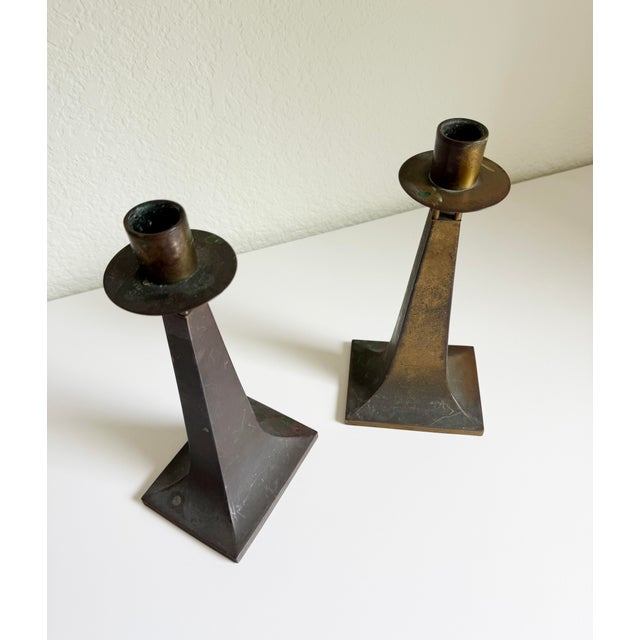 Arts & Crafts Era Brass Candle Holders, a Pair, Early 20th C For Sale - Image 10 of 11