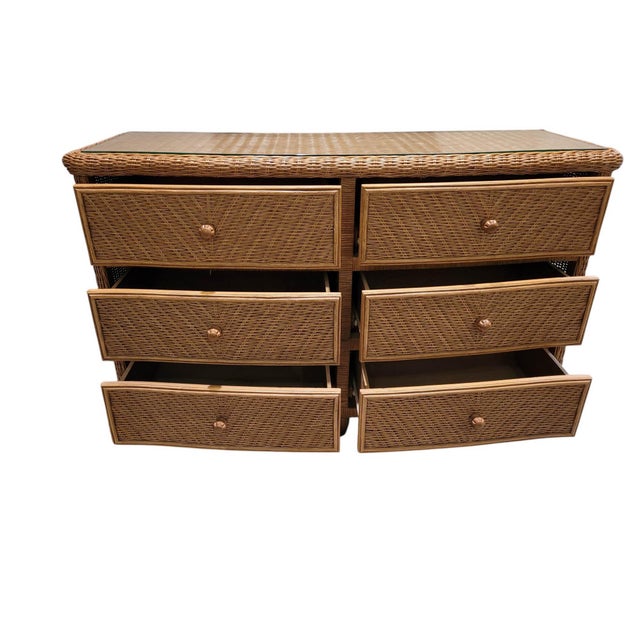 Vintage Palm Beach Regency Bowfront Wicker 6-Drawer Dresser With Glass Top For Sale - Image 10 of 13