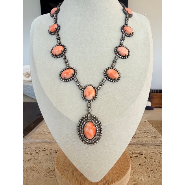 1980s Indian Coral and Diamond Necklace in Oxidized Silver and 14k Gold, C. 1980 For Sale - Image 5 of 11