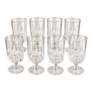 Vintage French Equestrian Horse & Rider Stemmed Glasses, Set of 8 For Sale
