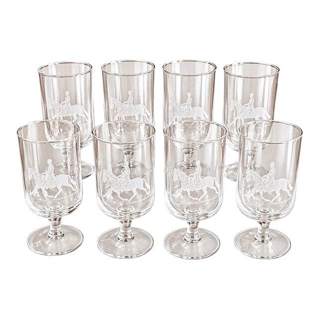 Vintage French Equestrian Horse & Rider Stemmed Glasses, Set of 8 For Sale