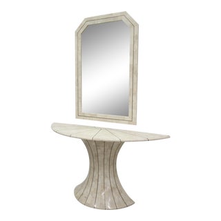 Maitland Smith Tessellated Stone With Brass Inlay Demilune Table With Mirror For Sale