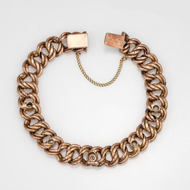 Art Deco 1920s Vintage Art Deco Diamond Curb Link Bracelet 9k Rose Gold For Sale - Image 3 of 3