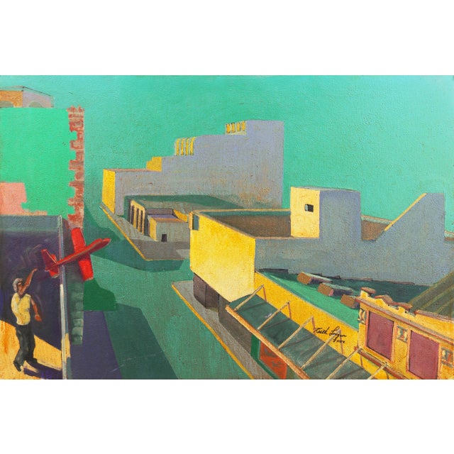 'Red Glider' by Keith Longcor, 2002; Large California Modernist Oil, Modesto Urban Landscape, Airplane For Sale