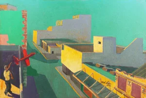 'Red Glider' by Keith Longcor, 2002; Large California Modernist Oil, Modesto Urban Landscape, Airplane