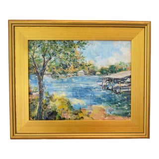 Impressionist Boats & Lake Landscape Oil Painting Displayed in an Antiqued Gold Wood Frame For Sale