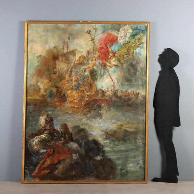 Oil on canvas from the late 19th century depicting a naval battle scene, with a Renaissance-style oared galleon at its...