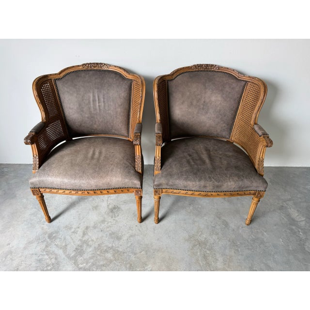 Vintage Century Furniture Louis XVI–Style Double Cane and Leather Club Chairs – A Pair For Sale - Image 4 of 12