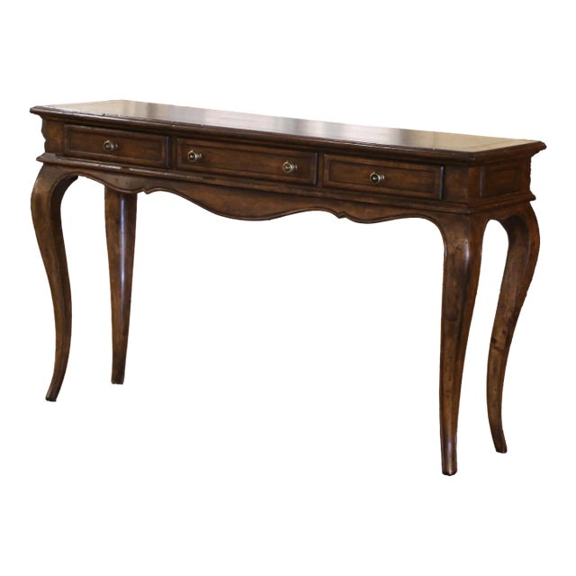 Mid-Century French Louis XV Carved Walnut Three-Drawer Console Table For Sale