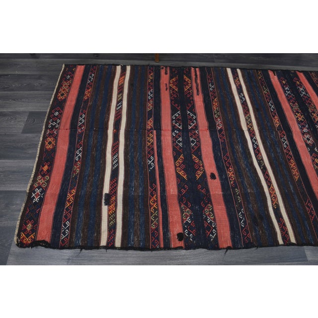 1970s Vintage Handmade Wool Cotton Dark Blue Runner Rug For Sale - Image 9 of 11