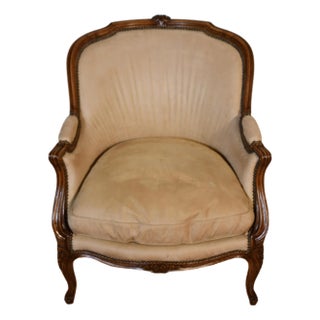 1900 Antique French Louis XV Hand Carved Walnut Living Room Chair / Used Fabric For Sale