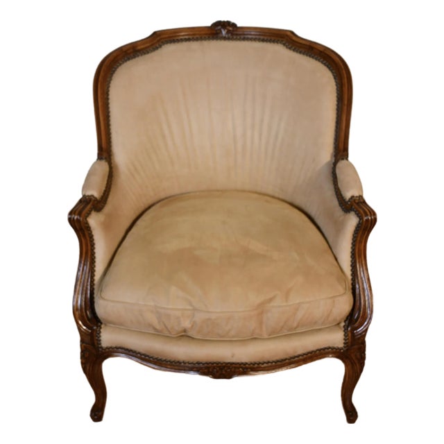 1900 Antique French Louis XV Hand Carved Walnut Living Room Chair / Used Fabric For Sale