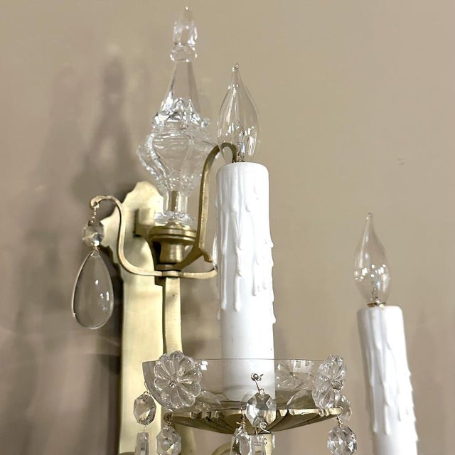 Pair of Vintage Solid Brass and Cut Crystal Wall Sconces For Sale - Image 9 of 18