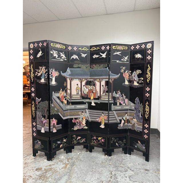 Design Plus Gallery presents a Chinese Coromandel Imperial Palace Courtyard Scene Six-Panel Screen. The front displays a...