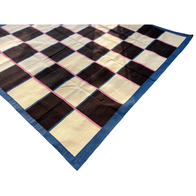 Not Yet Made - Made To Order Handmade Reversible Cotton Vegetable Dyed Cream, Brown and Blue Checker Board Area Rug-6'x9' For Sale - Image 5 of 12