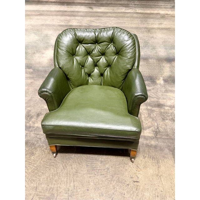 Mid-Century Modern Olive Green Leather Tufted Club Chair For Sale - Image 3 of 12