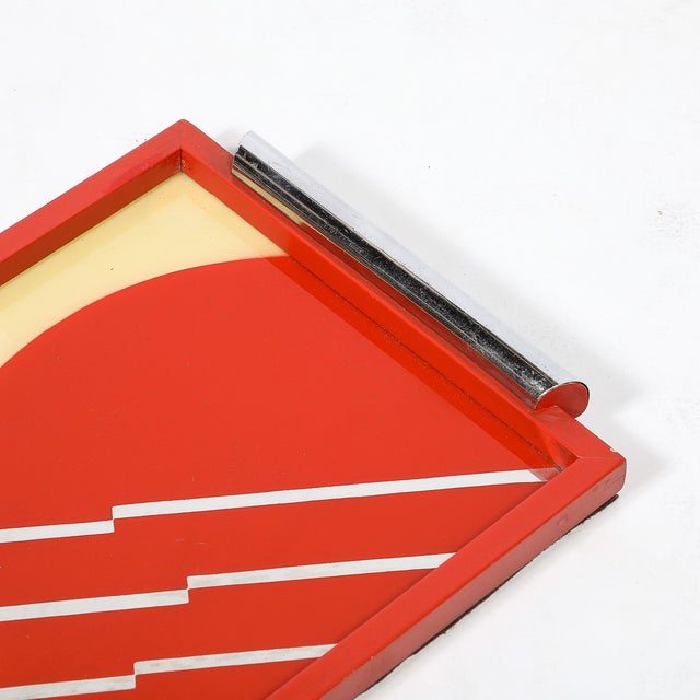Red Art Deco Eglomise Graphic Geometric Detailed Tray in Vermillion Red & Yellow For Sale - Image 8 of 17