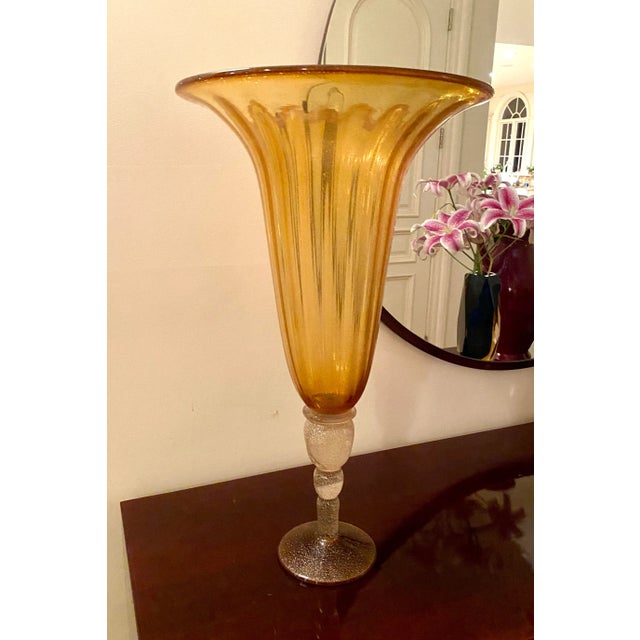 1990s Murano Style Glass Fluted Pedestal Style Dramatic Taper Tulip Vase, Made in Italy For Sale - Image 4 of 9