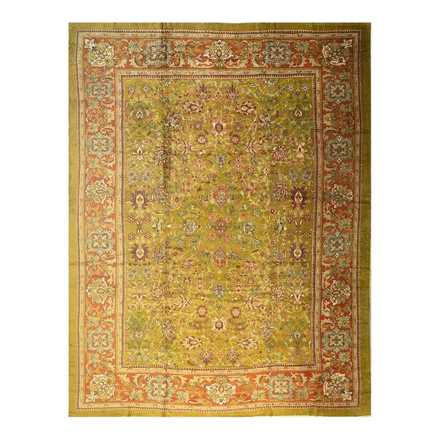 1890s Antique Oversized Green Olive Floral Knotted Wool Persian Sultanabad Rug For Sale