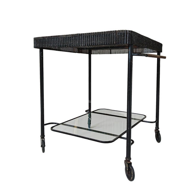 Black Mathieu Matégot Metal Bar Cart, Glass Lower Shelf, Pleated Apron, France, 1950s For Sale - Image 8 of 17