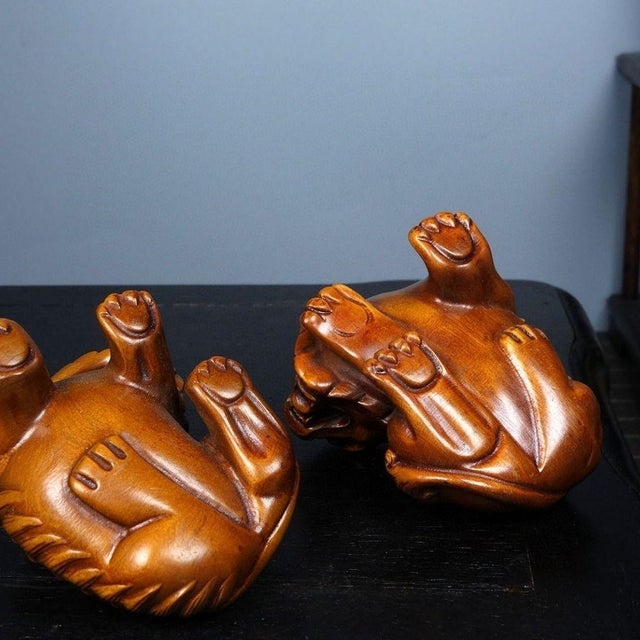 Wood Pair of Vintage Boxwood Guardian Lion Carvings – 2.8" Foo Dog Hand Pieces For Sale - Image 7 of 9